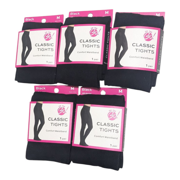 On The Go Classic Tights Women’s Size M Black 40 Denier Comfort Waist 5 Pair Lot - Picture 1 of 3